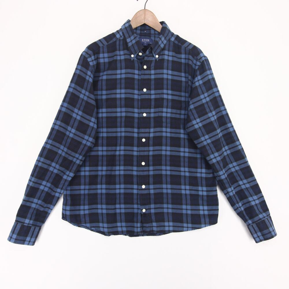 Eton Shirt Mens XL Blue Plaid Slim Fit Button Down Indigo Cotton Long Sleeve